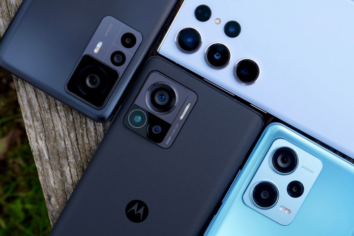 The Galaxy S23 Ultra, Xiaomi 12T Pro, Redmi Note 12 Pro+, and the Motorola Edge 30 Ultra's camera modules.