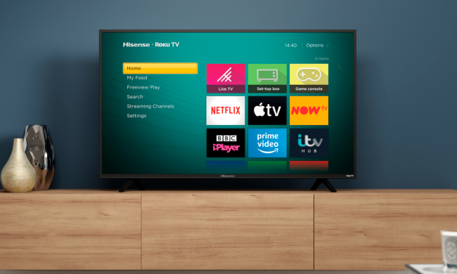 Hisense 4K TV on a cabinet.