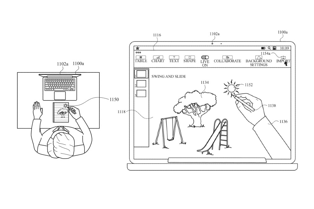 An illustration from an Apple patent depicting a person drawing on a notepad and that drawing then being digitally translated on