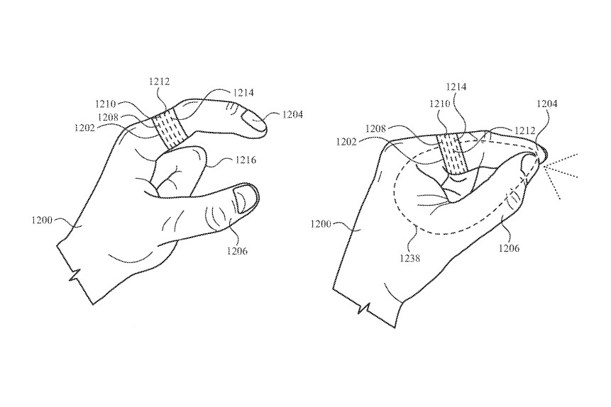Un brevetto che mostra un dispositivo ad anello utilizzato per abilitare il tracciamento delle mani nel visore per realtà mista Apple Reality Pro.
