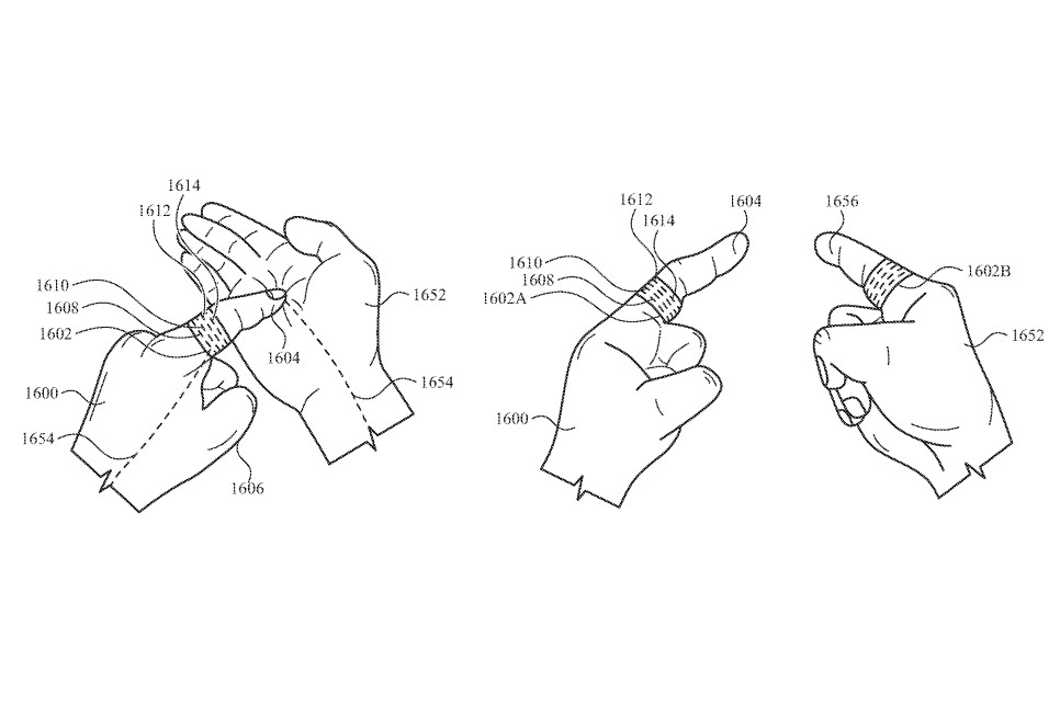 Un brevetto che mostra un dispositivo ad anello utilizzato per abilitare il tracciamento delle mani nel visore per realtà mista Apple Reality Pro.