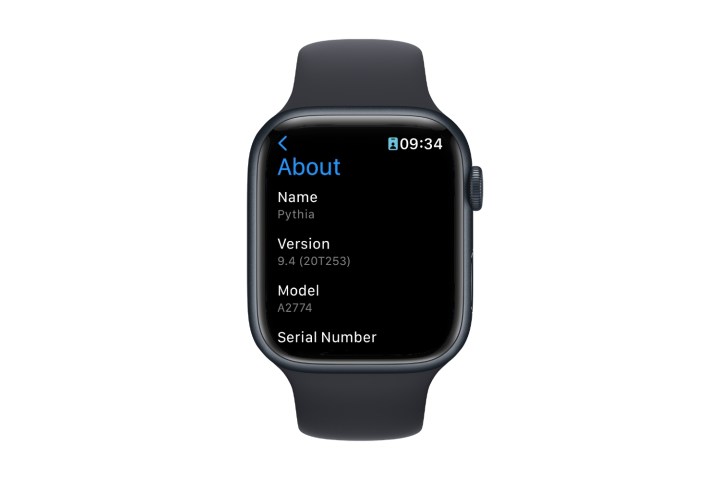 Checking the watchOS version on an Apple Watch.