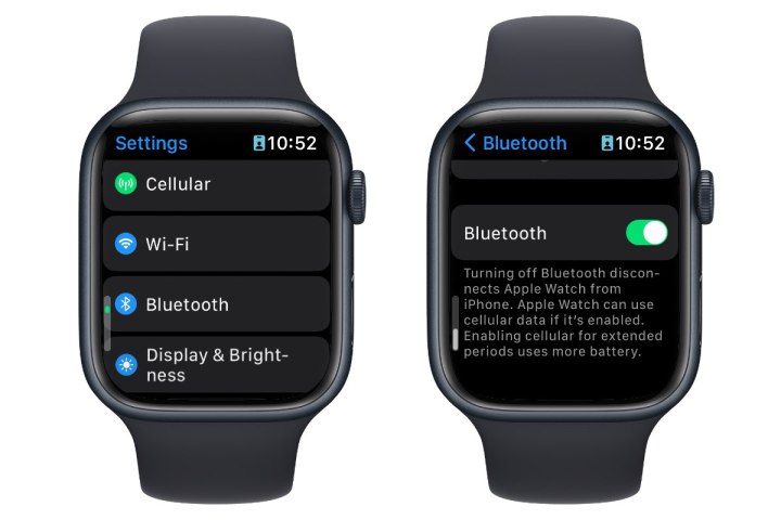 Two Apple Watches showing Bluetooth settings screens.