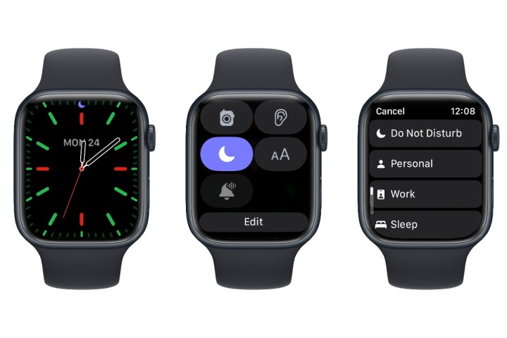 Three Apple Watches showing Focus mode settings.