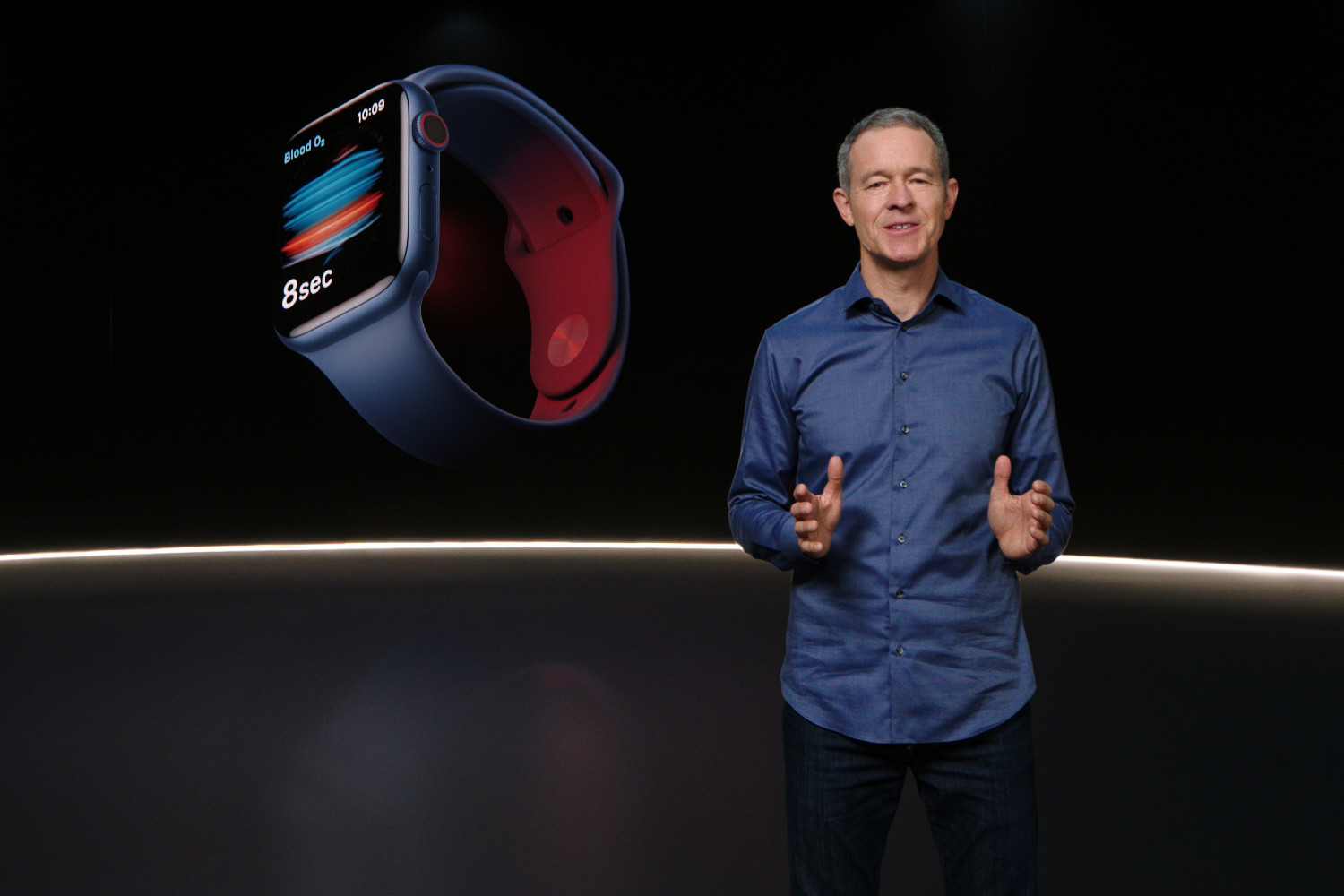 Apple's Jeff Williams introduces a new Apple Watch at an event in September 2020.