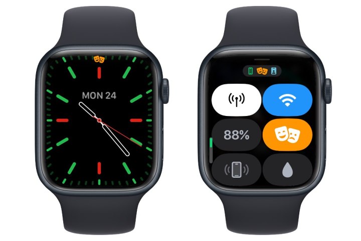 Two Apple Watches showing Theater Mode settings.