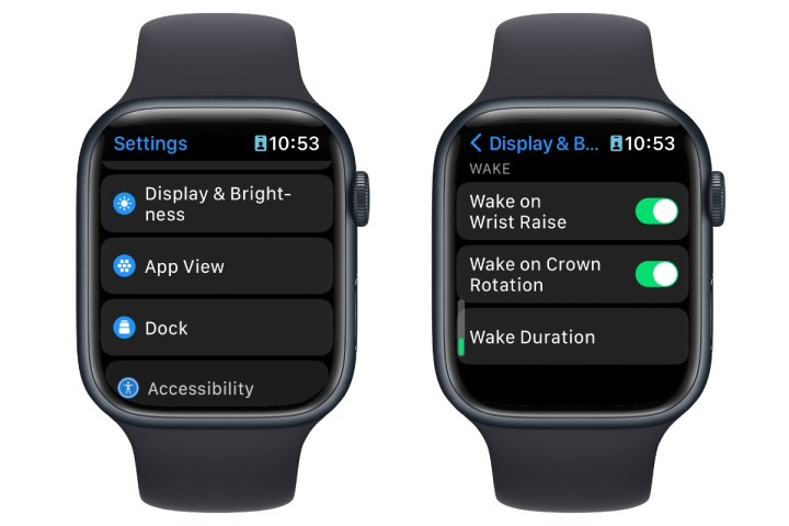 Two Apple Watches showing setting for Wake on Wrist Raise.
