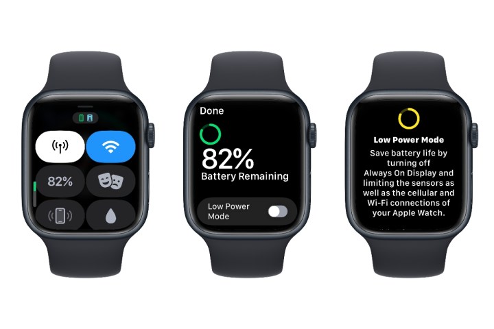 Three Apple Watches showing steps to enable Low Power Mode.
