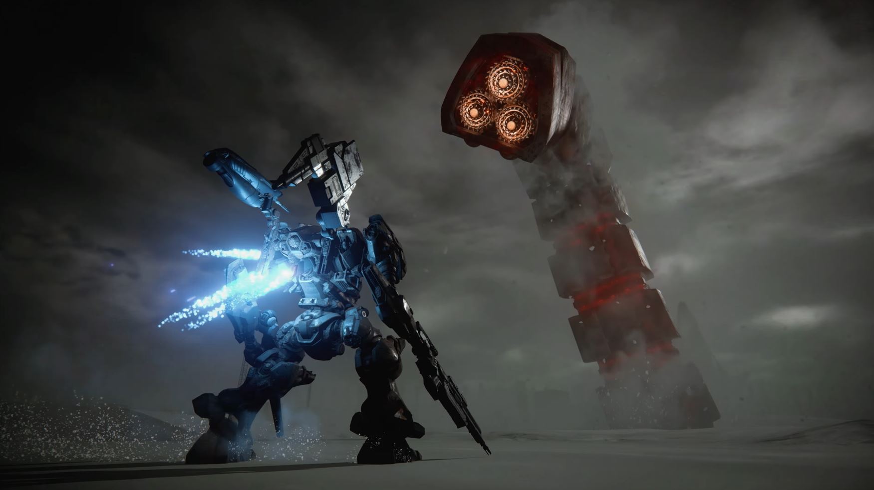 Um mecha luta contra um verme mecânico gigante em Armored Core VI: Fires of Rubicon.