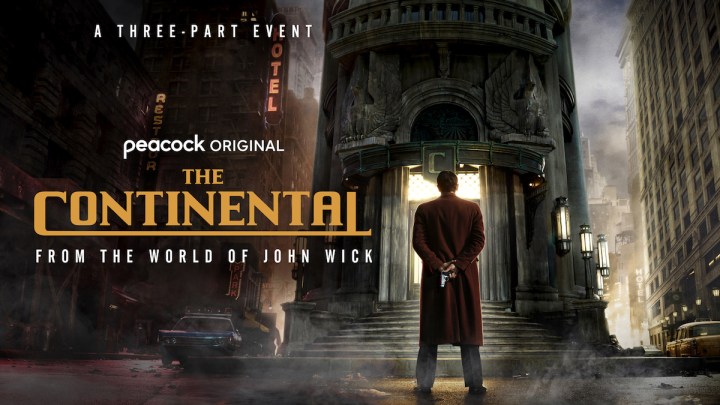 A man stands outside a hotel on the poster for The Continental.