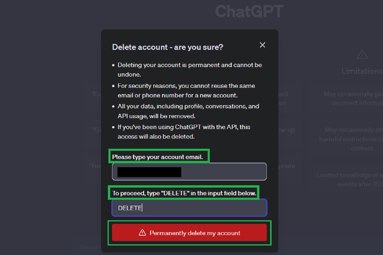 Tela de confirmação de exclusão da conta ChatGPT depois de preenchida.