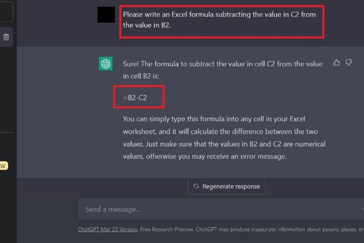 Captura de pantalla de solicitud y respuesta de fórmula de Excel de sustracción de ChatGPT.