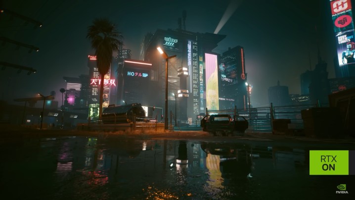 Captura de tela do ray tracing completo no Cyberpunk 2077.