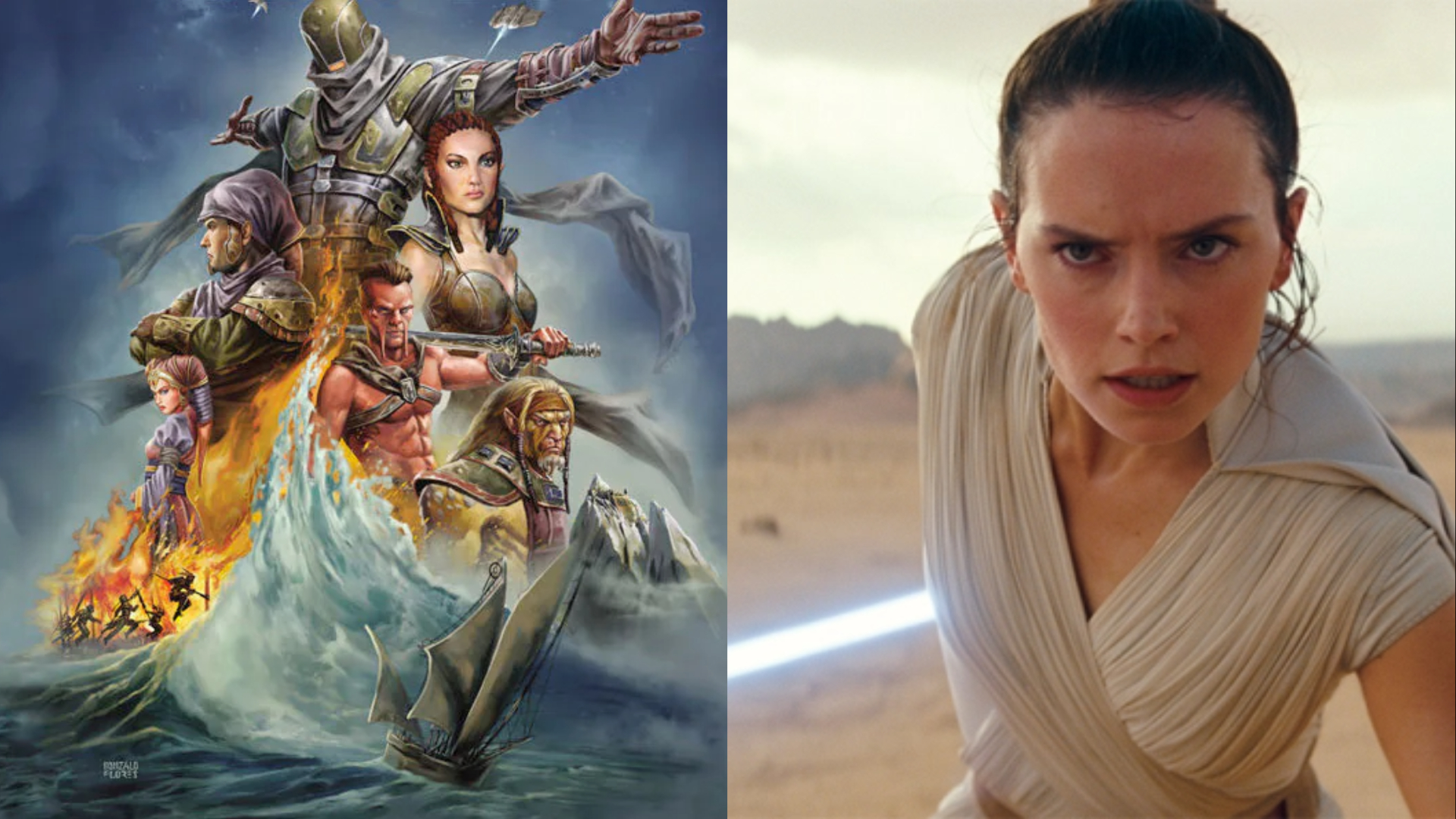 Imagem dividida da série de quadrinhos Dawn of the Jedi e Rey na trilogia Sequel.