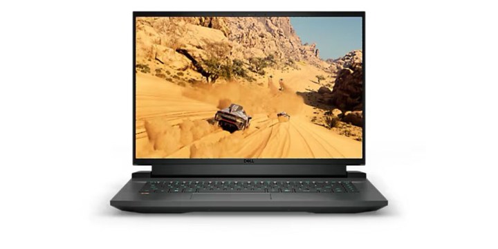 O laptop para jogos Dell G16 exibindo um jogo em um fundo branco.