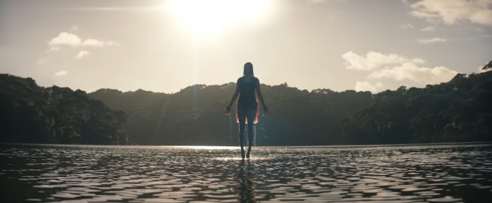 Jessica floating over a lake in "Evil Dead Rise."