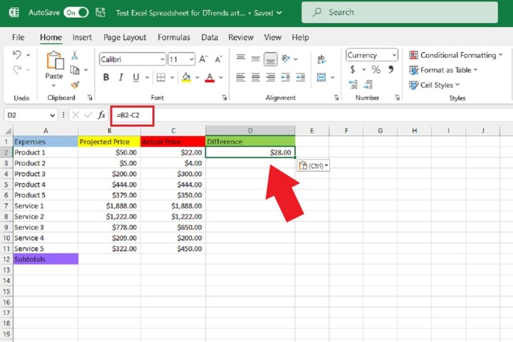 Primera fórmula de resta en la hoja de cálculo de Excel.