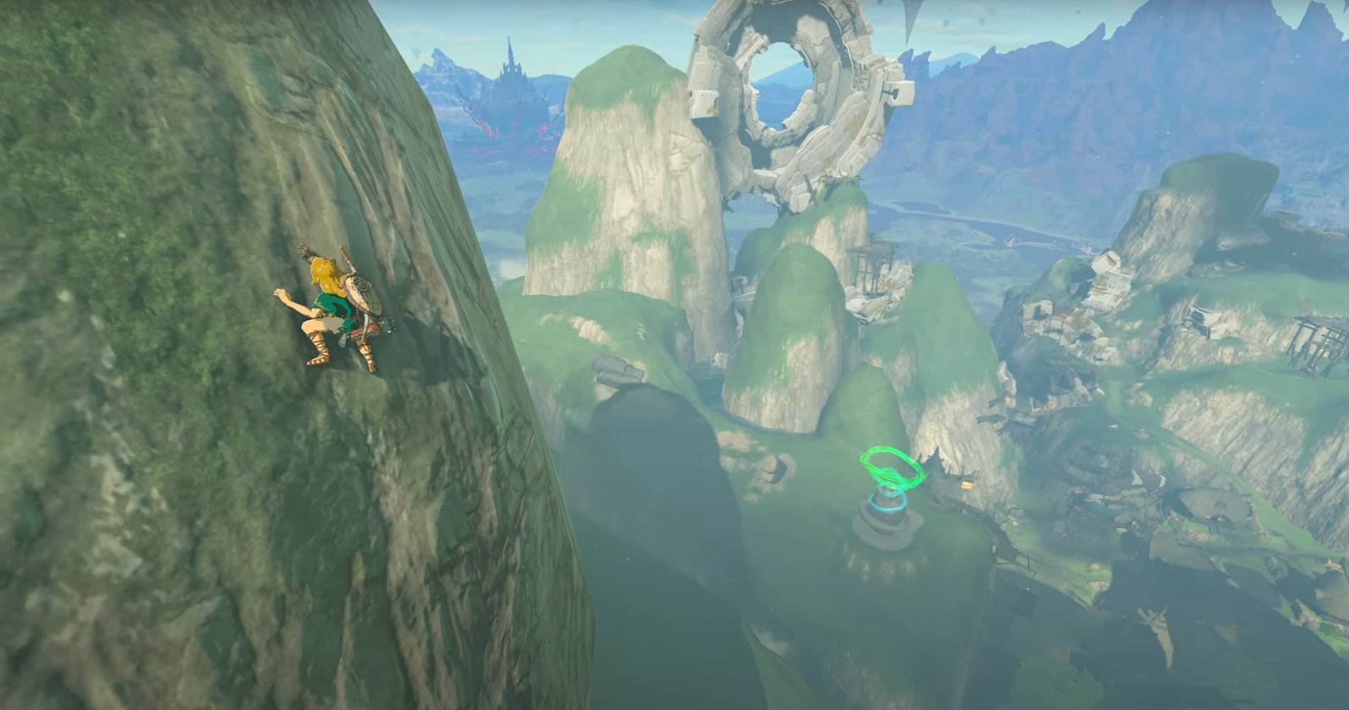 Link escala um penhasco em The Legend of Zelda: Tears of the Kingdom.