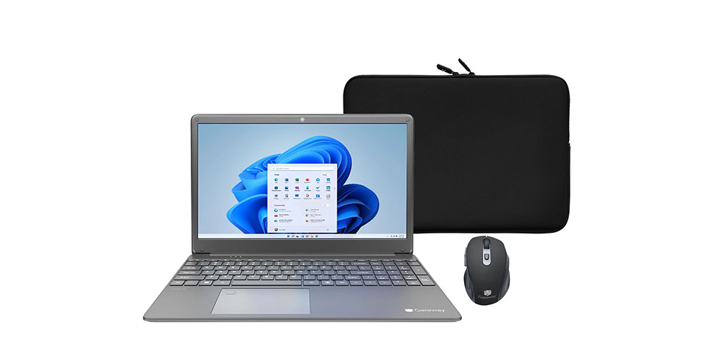 کیت نوت بوک فوق باریک 15.6 اینچی Gateway شامل کیف حمل، لپ تاپ و ماوس بی سیم است.