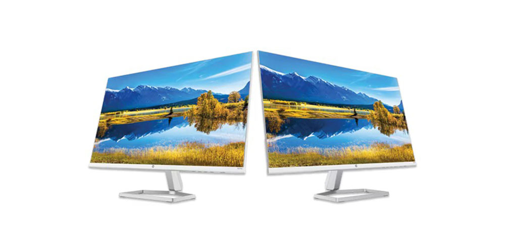 Two HP 27-inch monitors next to each other in a bundle.