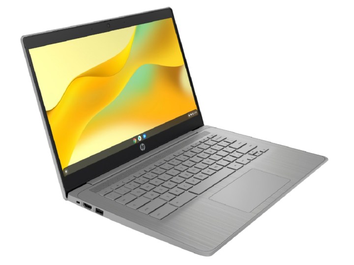 The HP Chromebook 14a with a yellow and green wallpaper.