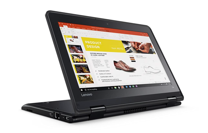 The Lenovo ThinkPad Yoga 11e at a side angle displaying a browser window.