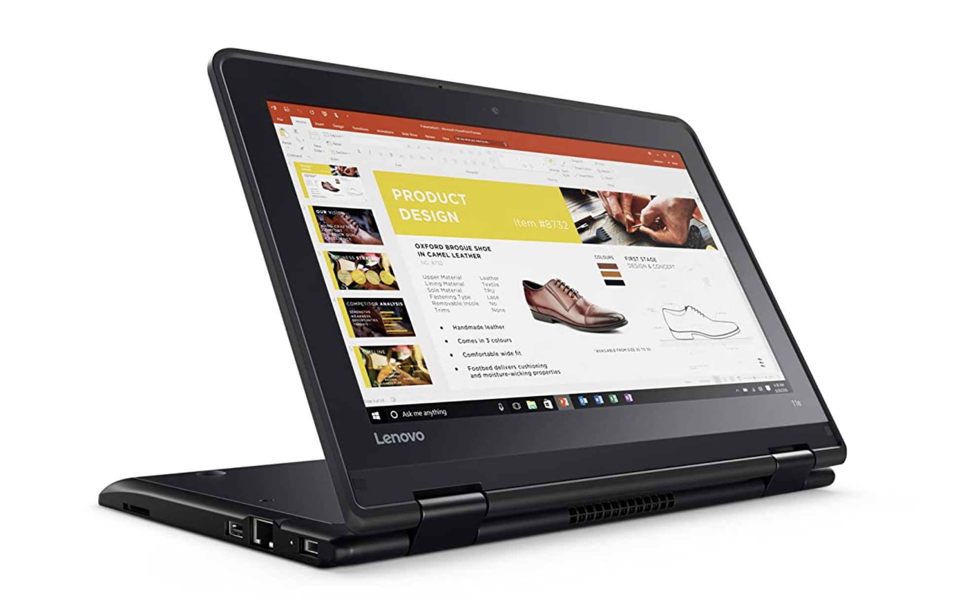 O Lenovo ThinkPad Yoga 11e em um ângulo lateral exibindo uma janela do navegador.