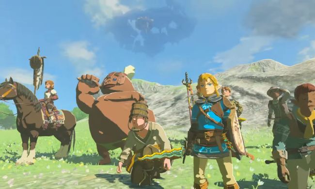 Link stands near allied humans and Gorons in Tears of the Kingdom.