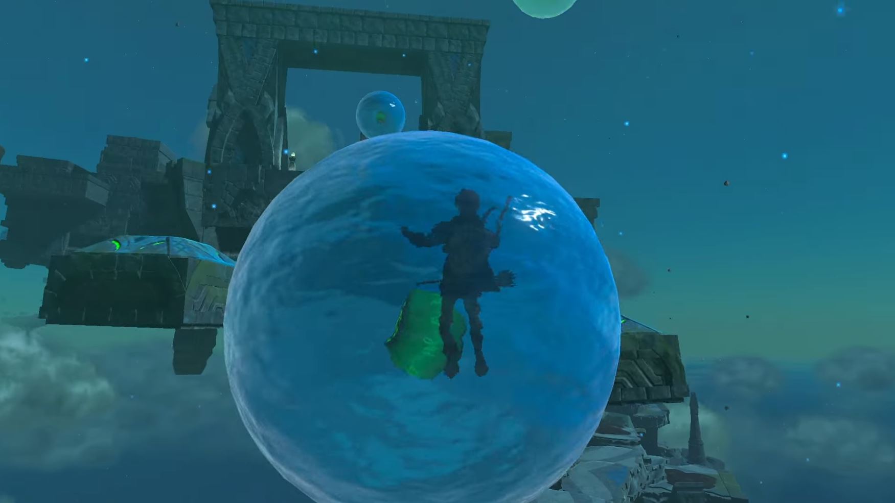 Link flutua em uma bolha de água em The Legend of Zelda: Tears of the Kingdom.