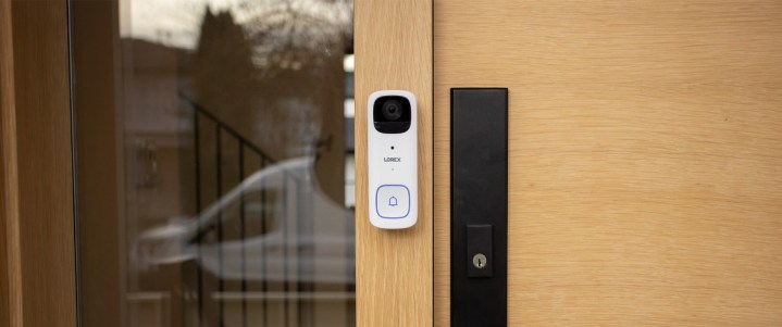 The Lorex camera installed on a door.