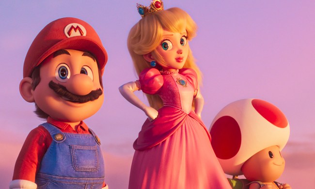 Mario, Peach, and Toad stand above the clouds together in The Super Mario Bros. Movie.