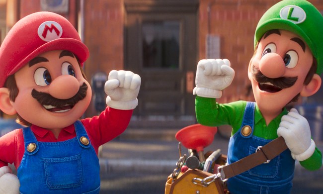 Mario and Luigi raise their fists together in The Super Mario Bros. Movie.