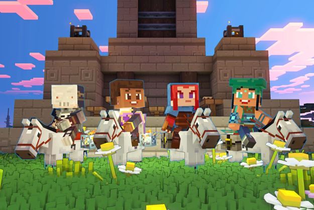 Four players stand together in the 4v4 PvP mode of Minecraft Legends.
