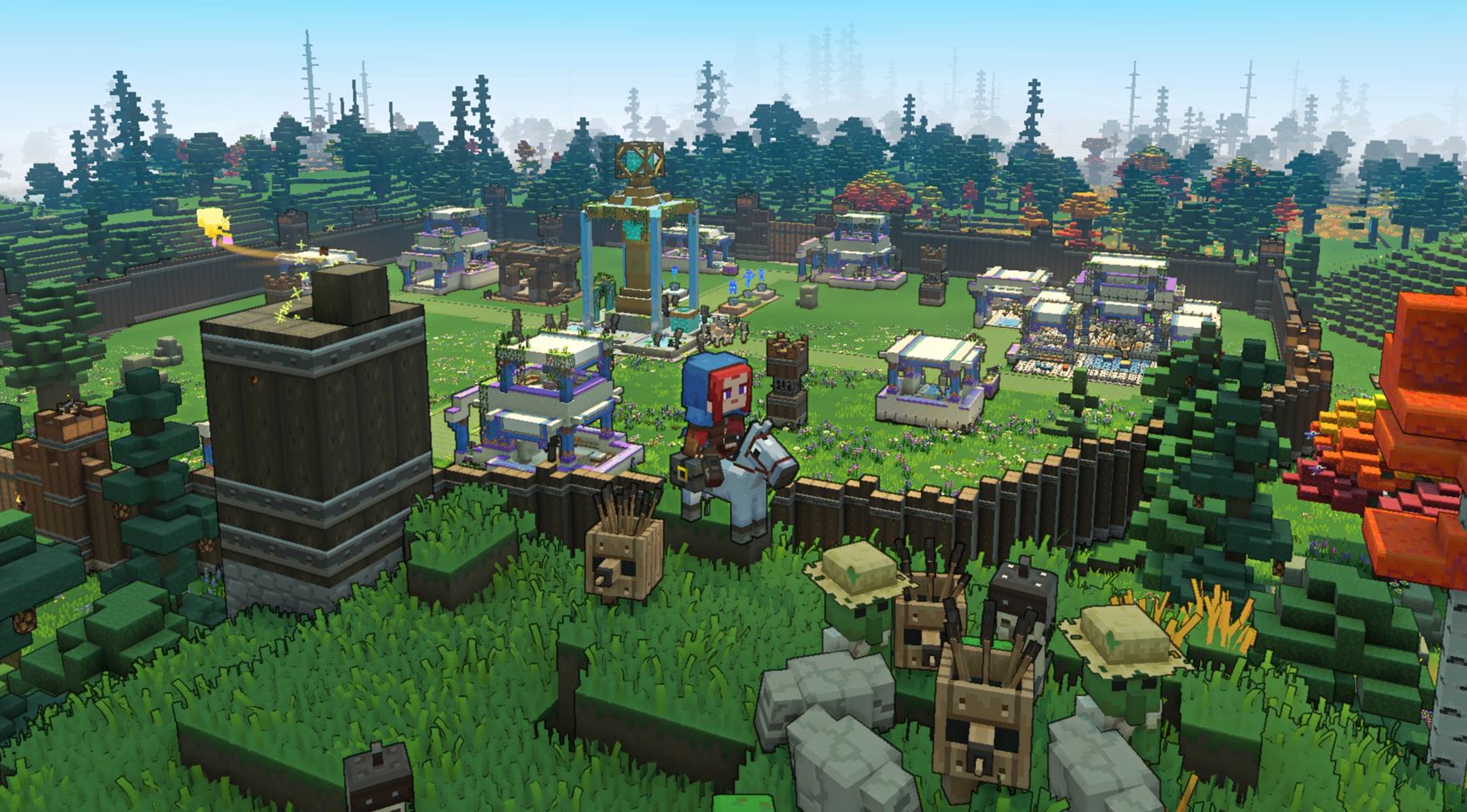 Minecraft Legends में एक खिलाड़ी अपने गांव के बाहर भीड़ के साथ खड़ा है।