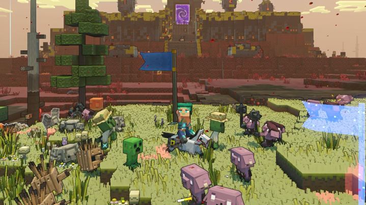 Un jugador convoca a las turbas para atacar un puesto avanzado de Piglin en Minecraft Legends.