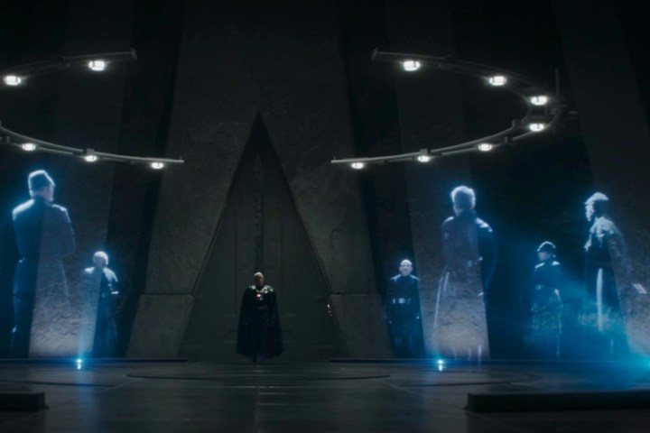 Moff Gideon walks toward the Shadow Council in The Mandalorian season 3 episode 7.