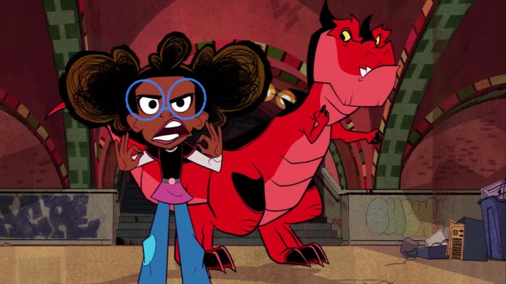 Still from Moon Girl and Devil Dinosaur showing the titular duo.
