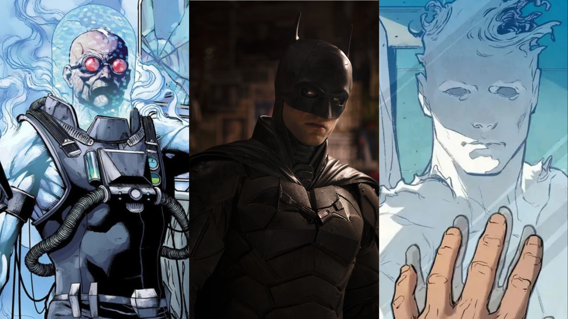 Imagem dividida de Mr. Freeze em Batman Annual, Robert Pattinson em The Batman e Clayface em One Bad Day.