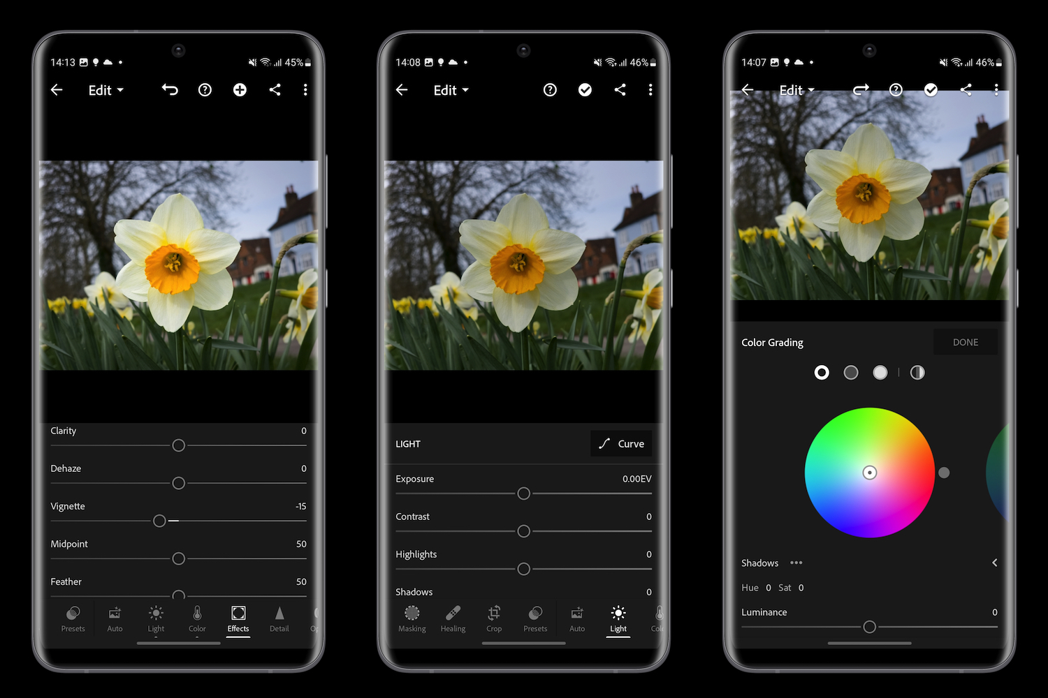 Capturas de tela do aplicativo Expert RAW e Lightroom no Galaxy S23 Ultra.