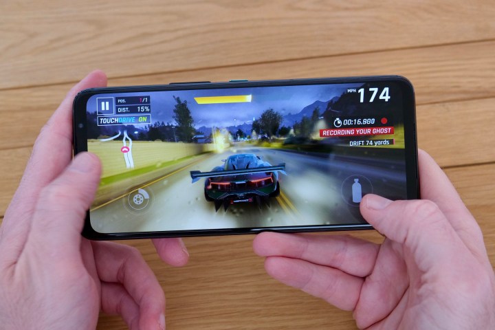Playing a game on the Asus ROG Phone 7 Ultimate.