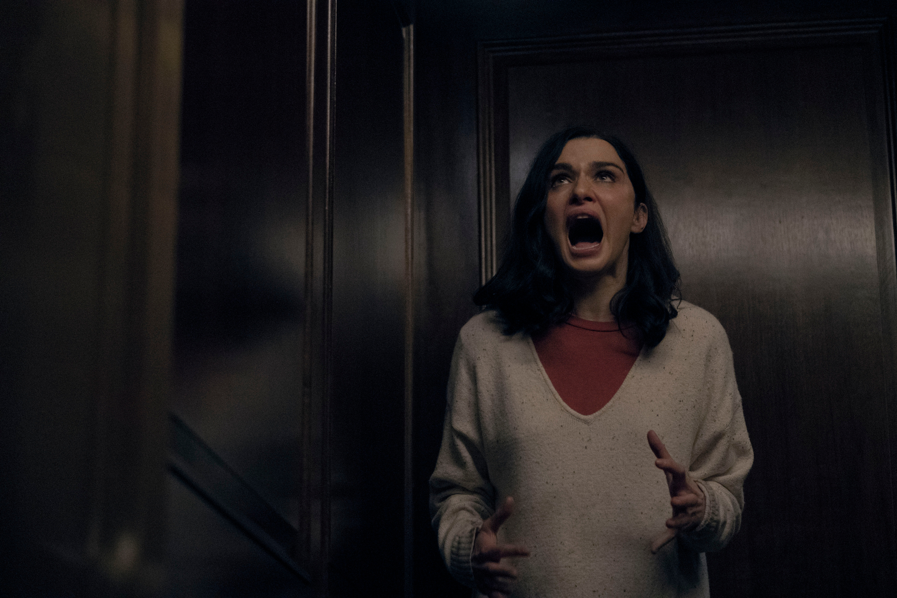 Rachel Weisz grita em um elevador em Dead Ringers.
