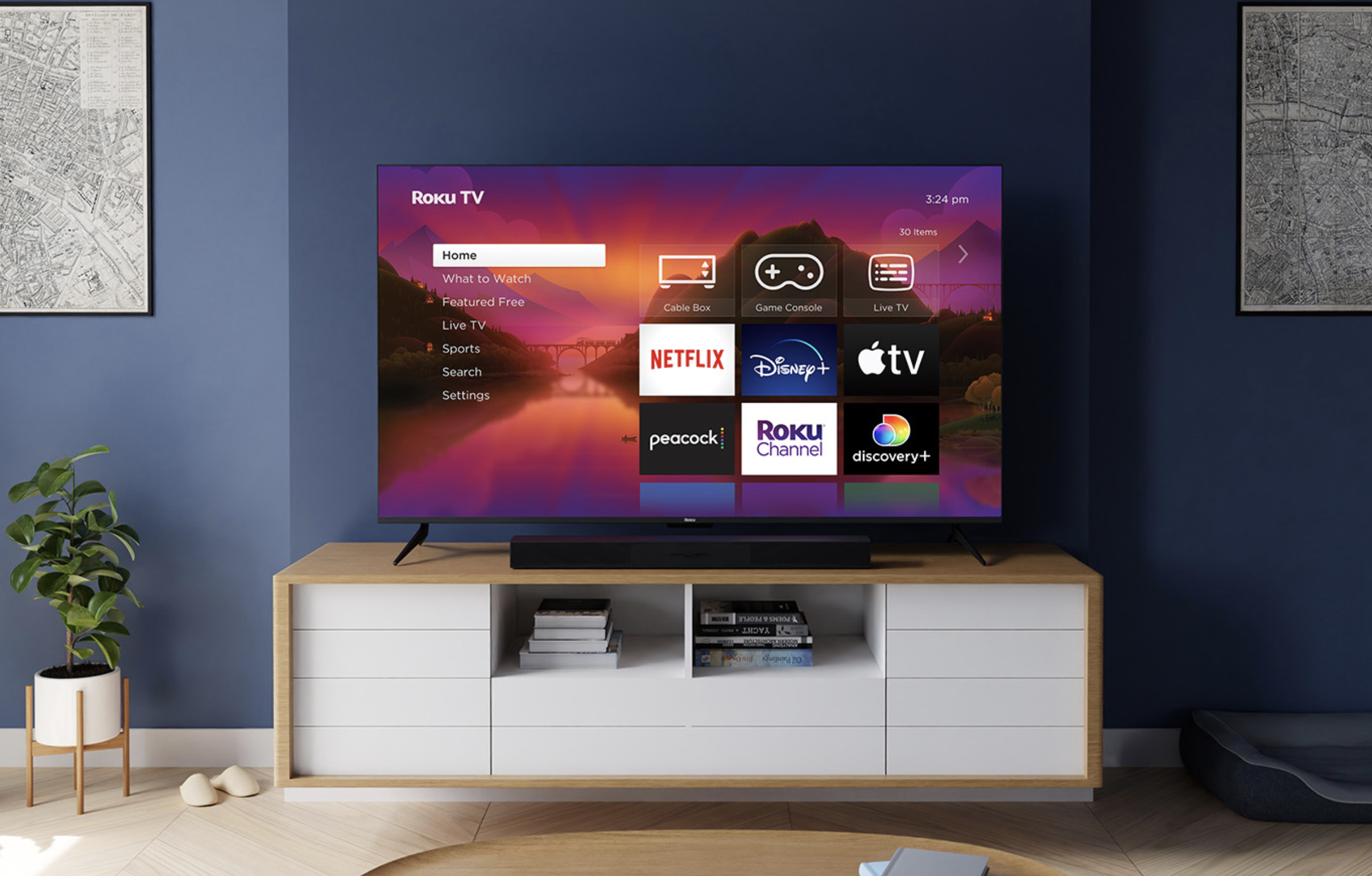 The Roku Class Select Series 4K TV on a media stand.
