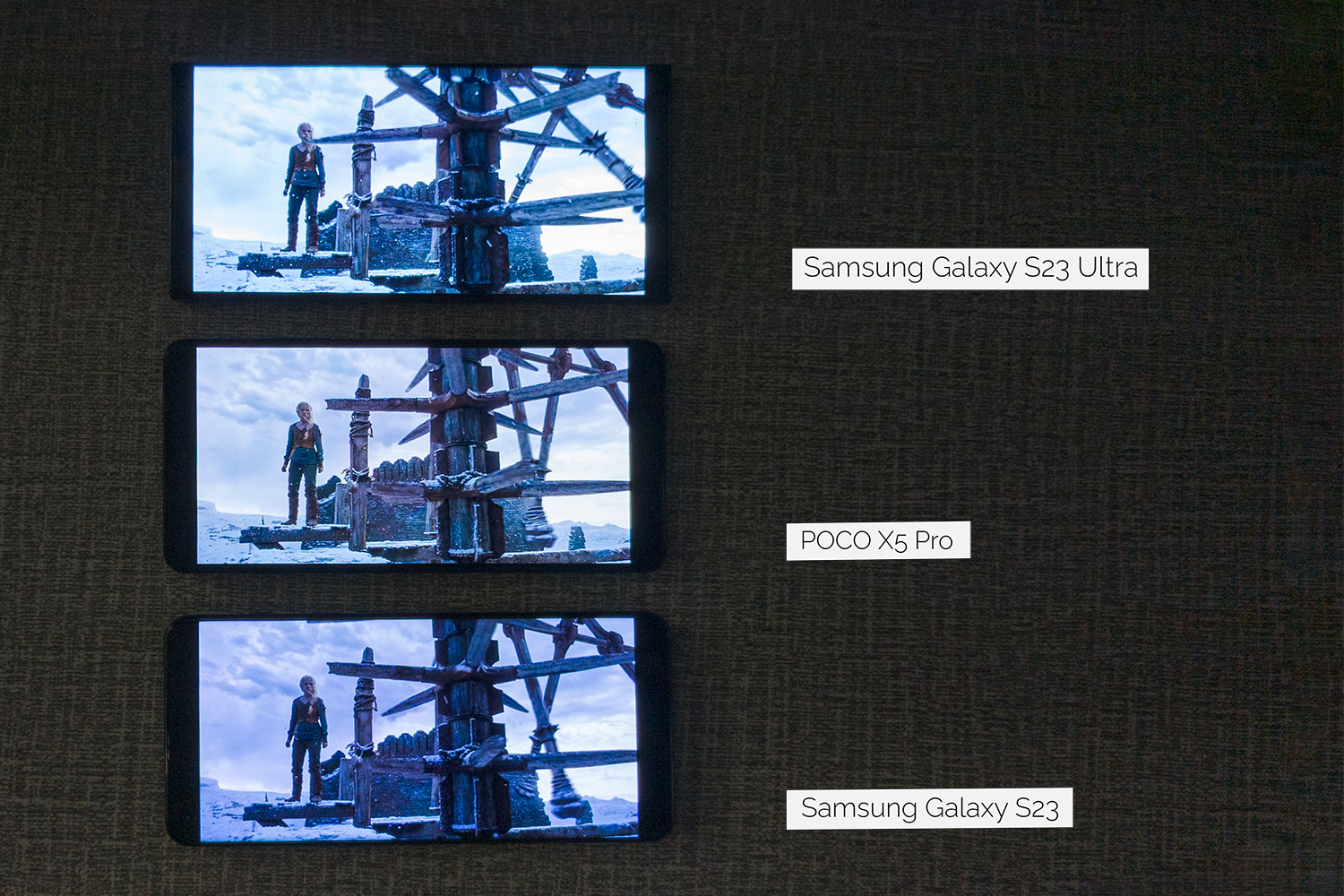 Samsung Galaxy S23 Ultra vs Samsung Galaxy S23 vs OnePlus 11 Dolby Vision HDR playback Netflix Witcher Season 2.
