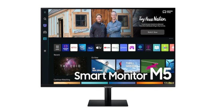 Samsung 27-inch M50B FHD Smart Monitor displaying its smart functions while on a white background.