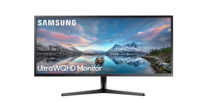 The Samsung 34-inch Ultra WQHD monitor facing forward on a white background.
