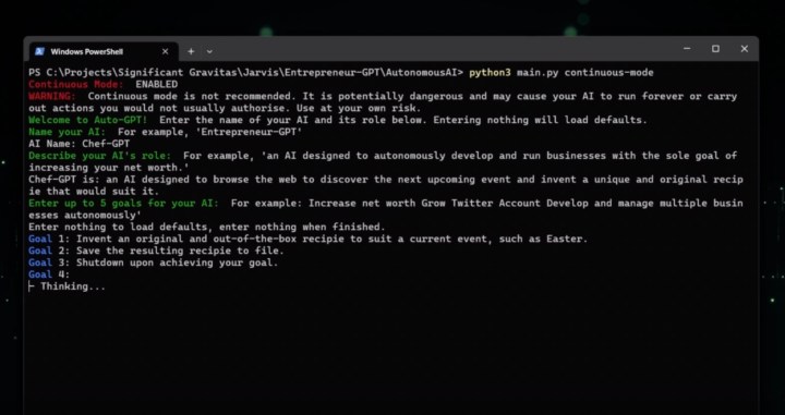 A screenshot of Auto-GPT being run in Windows PowerShell.
