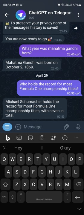 Hablando con el bot ChatGPT en Telegram