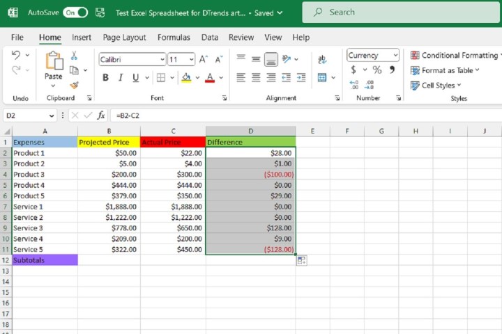 Filling in the rest of the Differences column in Excel spreadsheet.