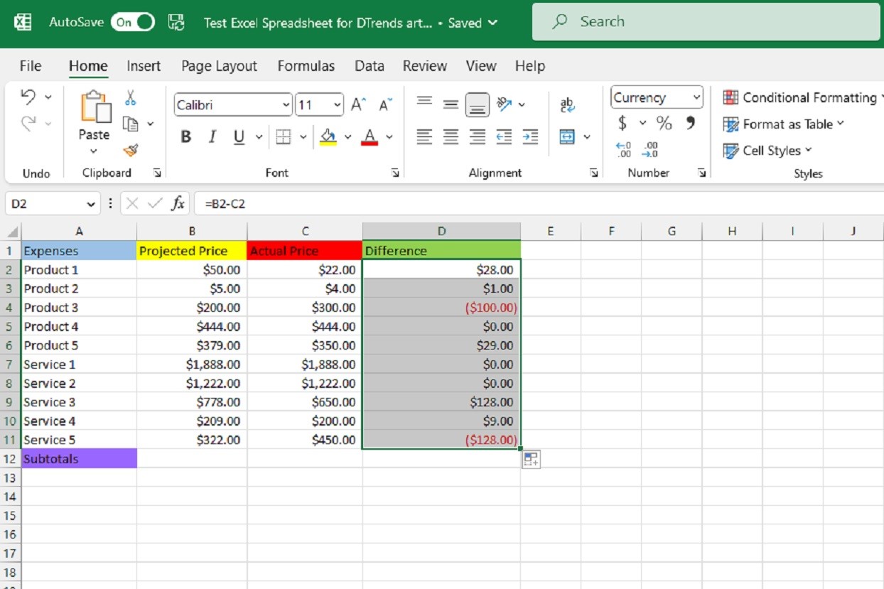 Preenchendo o restante da coluna Diferenças na planilha do Excel.