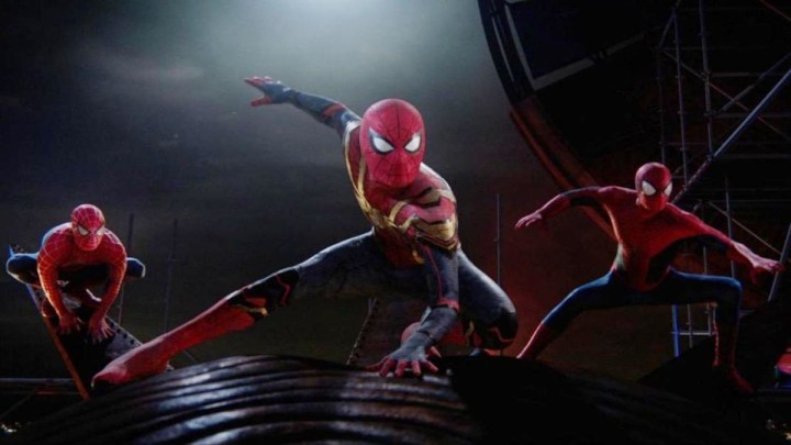 Three Spider-Men come in for a landing in Spider-Man: No Way Home.